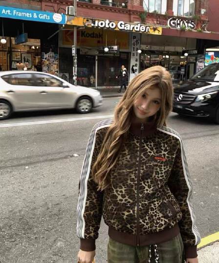 아메리칸 레트로 스탠드 칼라 레오파드 무늬 재킷 남녀 이른 가을 새로운 쇼트 스타일 루즈핏 캐주얼 지퍼 스트라이프 오픈 가디건 후드티