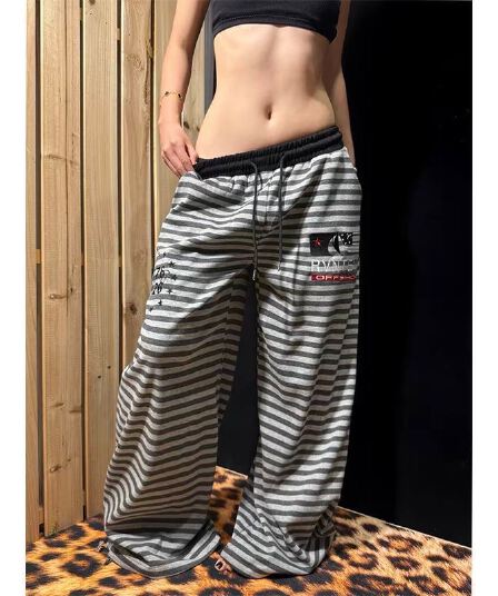 아메리칸 레트로 자수 배색 스트라이프 웨이 바지 여성 핫걸 봄 가을 루즈핏 넓은 다리 스트리트 댄스 운동 캐주얼 바지 트렌디