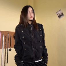 批发美式复古拿破仑哥特宫廷风做旧水洗黑色立领牛仔外套<b class='q'>男</b>女秋季上衣
