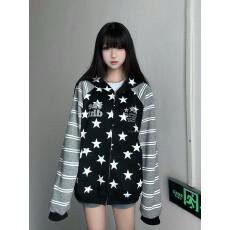 批发美式条纹星星字母刺绣连帽开衫卫衣男女秋冬宽松复古小众外套上衣