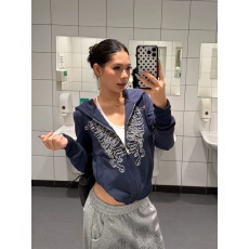 批发美式复古宫廷风印花<b class='q'>短款</b>连帽开衫外套女秋季修身显瘦百搭<b class='q'>卫衣</b>