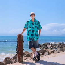 批发休闲海南三亚夏季夏威夷衬衫短袖沙滩宽松短裤情侣套装潮流清凉