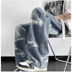 批发小众设计感扎染牛仔裤男款美式潮牌高街阔腿裤男女高街复古弯刀裤