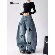 批发美式复古水洗多口袋设计弯刀裤子做旧<b class='q'>男</b>女牛仔裤拖地宽松<b class='q'>长裤</b>