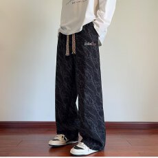 批发美式复古阔腿工装休闲裤男春夏季弯刀伐木裤宽松直筒长裤