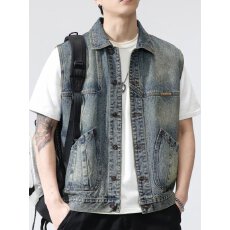 批发复古机车牛仔马甲男高级感修身工装无袖马夹背心2025新款春夏潮牌