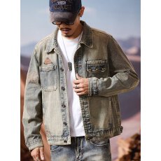 批发点霸烟灰色复古牛仔外套<b class='q'>男</b>士春秋高级感修身简约翻领纯色水洗夹克