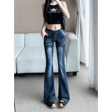 批发美式复古辣妹微喇<b class='q'>牛仔裤</b>女夏季紧身弹力<b class='q'>显瘦</b>直筒喇叭裤