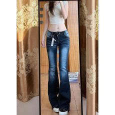 批发小个子美式复古辣妹高腰微喇<b class='q'>牛仔裤</b>女秋季紧身弹力<b class='q'>显瘦</b>直筒喇叭裤