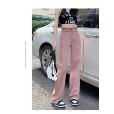 批发清仓价脏粉色毛边阔腿<b class='q'>牛仔裤</b>女春秋季年新款高腰<b class='q'>显瘦</b>直筒宽松裤