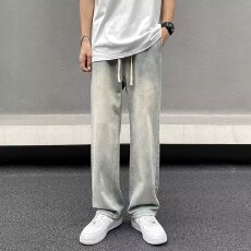 美式黄泥牛仔裤男夏季宽松直筒黄河色水洗阔腿长裤子男女款