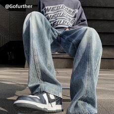 春秋款牛仔裤男女美式重磅拼接复古宽松高街阔腿裤垂感港风