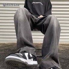 春秋款牛仔裤男女美式重磅拼接复古宽松高街阔腿裤垂感港风