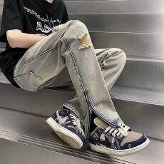 批发欧美vibe裤子高街潮ins美式复古开叉破洞牛仔裤<b class='q'>男</b>修身小脚拉链裤