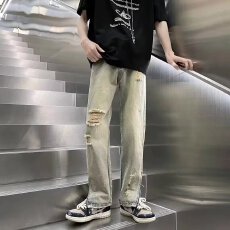 批发欧美vibe裤子高街潮ins美式复古开叉破洞牛仔裤<b class='q'>男</b>修身小脚拉链裤