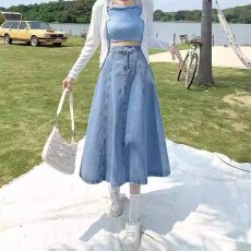 批发蓝色牛仔半身裙女2026春夏新款高腰宽松显瘦大摆伞裙中长款a字裙
