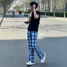 批发蓝色格子裤子男女同款<b class='q'>夏</b>季薄款运动裤美式潮牌百搭情侣休闲直筒裤