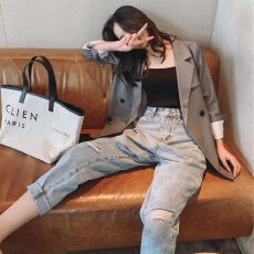 批发春秋季男女款牛仔裤新款九分破洞哈喽老爹裤高腰宽松显瘦