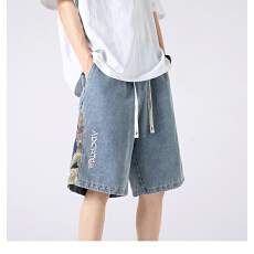 批发牛仔<b class='q'>短裤</b><b class='q'>男</b>女宽松直筒ins炸街拼接休闲复古五分裤夏季学生中裤子