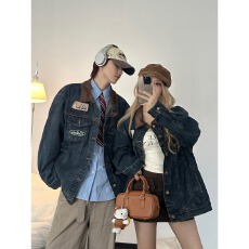 批发美式复古情侣装春<b class='q'>秋</b>新款牛仔外套男贴标潮牌翻领宽松上衣高街夹克