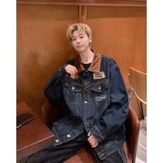 批发美式复古情侣装春<b class='q'>秋</b>新款牛仔外套男贴标潮牌翻领宽松上衣高街夹克