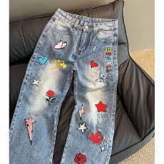 批发多巴胺重工刺绣<b class='q'>春</b>秋直筒裤中腰牛仔裤多口袋男女阔腿裤美式长裤