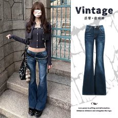 批发美式深蓝色设计感修身微喇牛仔<b class='q'>裤</b>女秋冬新款低腰<b class='q'>提</b><b class='q'>臀</b>显瘦长<b class='q'>裤</b>