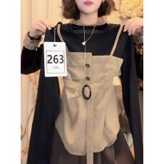 批发<b class='q'>韩版</b>时尚圆领撞色拼接假两件长袖<b class='q'>衬衫女</b>2025秋季新款上衣潮