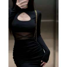 批发欧洲站时尚设计感镂空纯色修身长袖包臀裙女2025冬季新款<b class='q'>连衣裙</b>潮