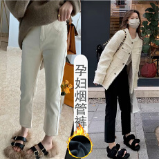 批发孕妇加绒加厚小直筒牛仔裤冬季外穿烟管裤高弹显瘦长裤托腹九分裤
