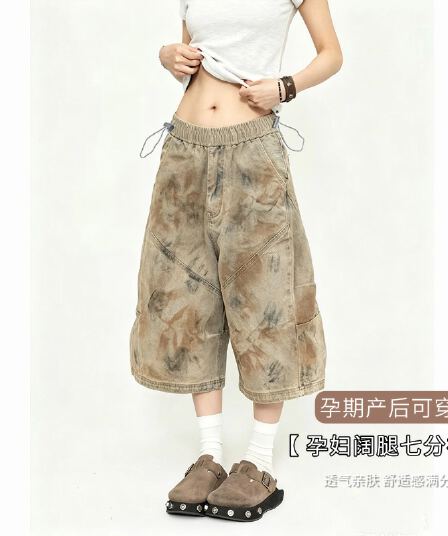 임산부 데님 반바지 여름 아메리칸 레트로 스타일 무거운 작업 워싱 마 오래된 더러운 염색 7부 바지 데님 와이드 레그 팬츠