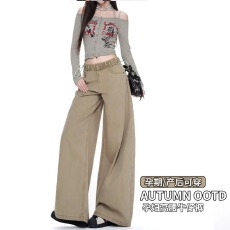 现2026秋季新款孕妇水洗卡其色牛仔裤女爆款高腰显瘦宽松大阔腿裤
