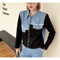 批发新款牛仔拼接拉链<b class='q'>上衣</b>+直筒休闲<b class='q'>裤</b>套<b class='q'>装</b>