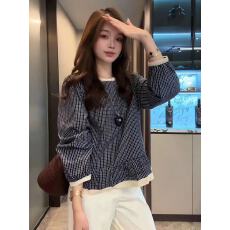批发早秋韩系穿搭撞色格子长袖<b class='q'>衬衫</b>女2025新品蕾丝花边领气质减龄上衣