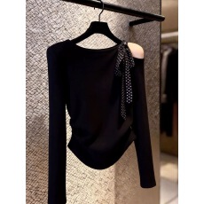 批发<b class='q'>时尚</b><b class='q'>潮流</b>小众百搭简约绑带露肩t恤春季长袖高级感休闲风上衣小衫