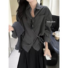 批发法式通勤高端雾面感长袖灰色衬衫秋<b class='q'>冬</b>女士双口袋小众上衣叠穿衬衣