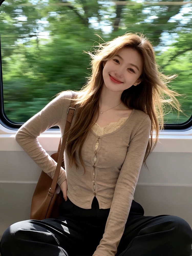 디자인 센스 낙타 V넥 레이스 페이크 레이어드 맨위 여성 이른 봄 착용 가져 가라. 몸매 가꾸기 특별 아름다운 ~ 중 꼬집기 허리 위로 의류