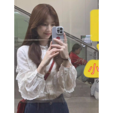 法式白色木耳边立领长袖衬衫上衣女2026春季新款高级感泡泡袖衬衣