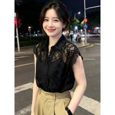 批发欧货高级感黑色衬衫女2026夏季新款翻领<b class='q'>镂空</b>蕾丝花边复古轻熟上衣