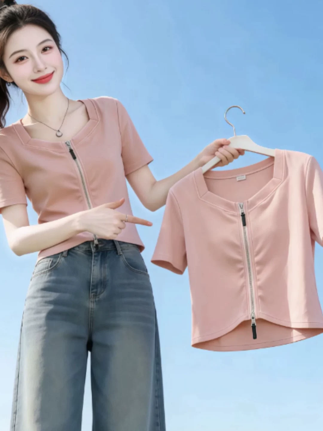핑크색 광장 칼라 긍정적 인 어깨 반팔 티셔츠 여성 의류 여름 2026 새로운 프랑스식 쇄골 몸매 가꾸기 슬림해 보이는 쇼트 스타일 맨위