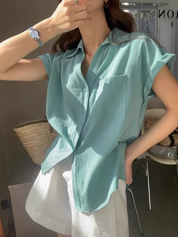 한 부서 파란색 고급 센스 작은 날다 소매 POLO 칼라 반팔 여성 셔츠 여름 루즈핏 고유 한 면 린넨 폴로 칼라 맨위