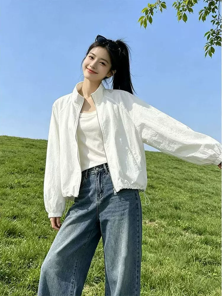 한 부서 여름 새로운 화이트 얇은 스타일 스탠드 칼라 자외선 차단 재킷 여성 의류 얇고 가벼운 야외 캐주얼 다용도 운동 맨위
