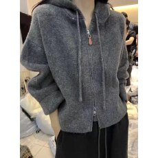 批发双拉链秋冬连帽针织衫开衫女休闲宽松高级感百搭毛衣外套