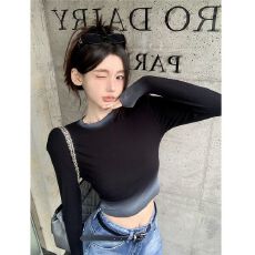 美式甜辣辣妹长袖打底衫跳舞爵士短款上衣女欧美显瘦