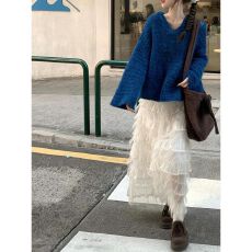 一整套装韩系慵懒风V领套头毛衣搭休闲蛋糕蓬蓬半身裙