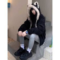 批发黑色耳朵毛领棉服加厚外套女冬装新款超好看复古座山雕棉衣