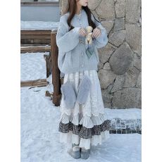 批发森系<b class='q'>蕾丝</b>格纹拼接甜美少女感<b class='q'>半身裙</b>女重工设计感减龄别致长裙