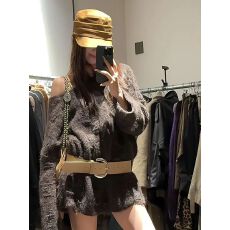 批发【带皮带】韩系慵懒风长袖针织衫女设计感毛衣独特好看上衣