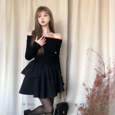 批发赫本风法式高级感一字肩<b class='q'>连衣裙</b>纯欲收腰蛋糕公主<b class='q'>礼服</b>蓬蓬裙