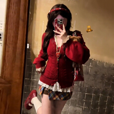 批发韩系钩花v领针织开衫女秋冬季修身显瘦软糯灯笼袖毛衣外套潮